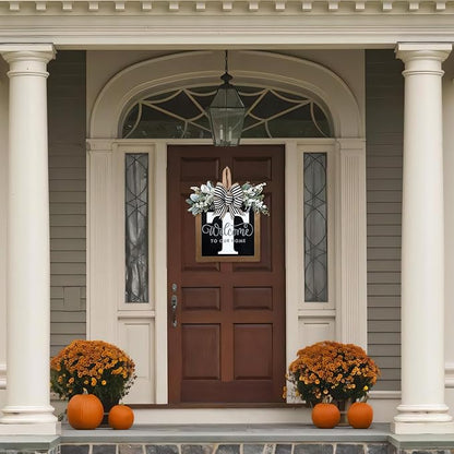 Ultra Large 14'' Last Name All Year Round Front Door Wreath with 26 Initial Letter Welcome Sign All Seasons Eucalyptus Garland and Bow Wreaths for Front Door Porch Farmhouse Decoration (T)