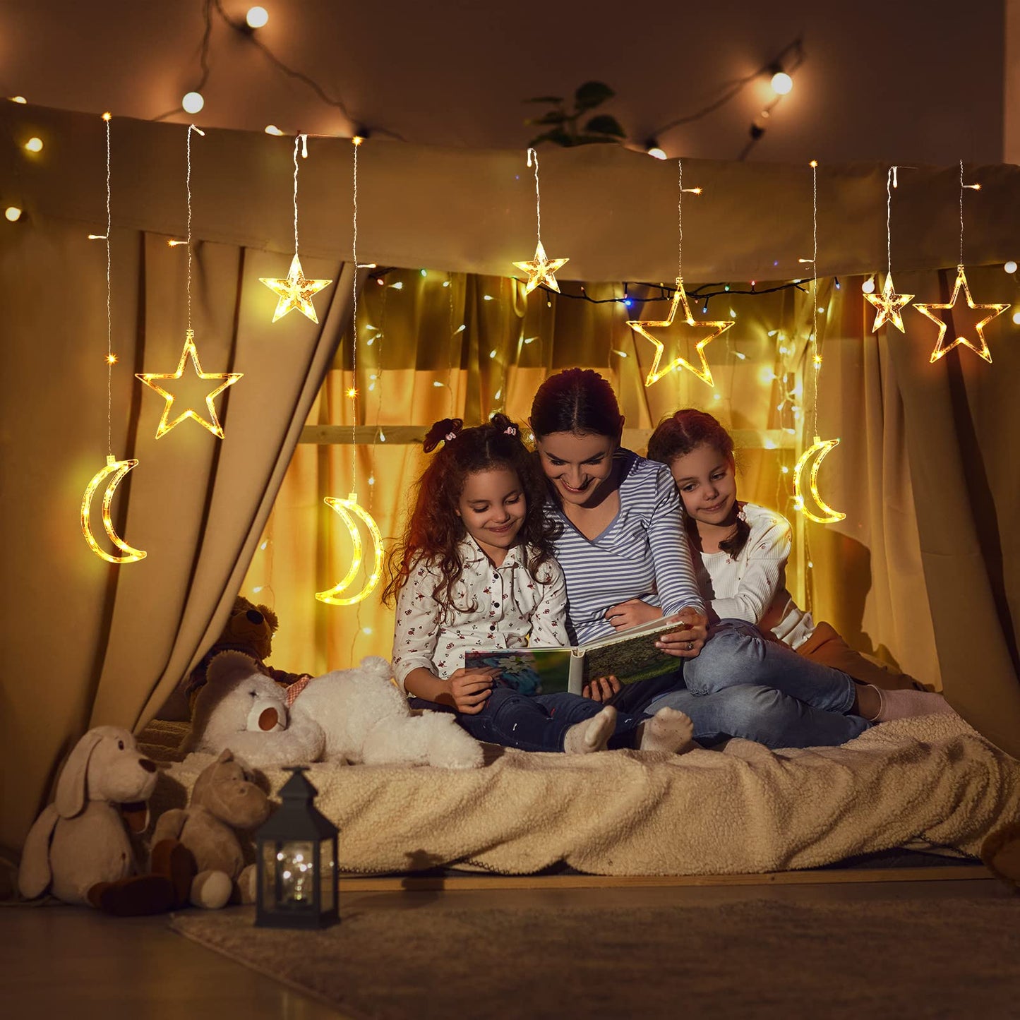 Riakrum 11.48 ft LED Star and Moon String Lights, Warm White, USB Powered, Waterproof, Model Riakrum-String Lights-073