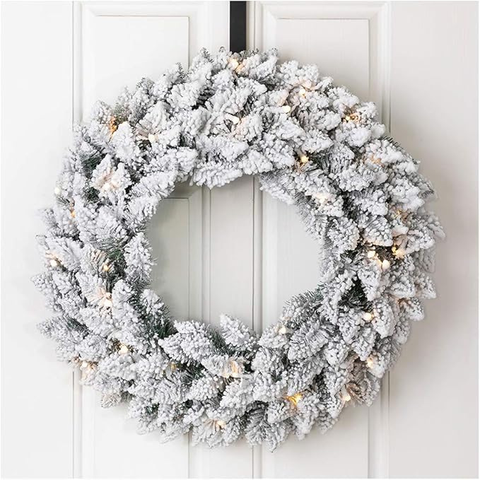 Glitzhome 24" D Pre-Lit Snow Flocked Christmas Wreath with Warm White LED Lights and Timer Artificial Decoration Wreath for Front Door Wall Window Indoor Outdoor Christmas Decorations