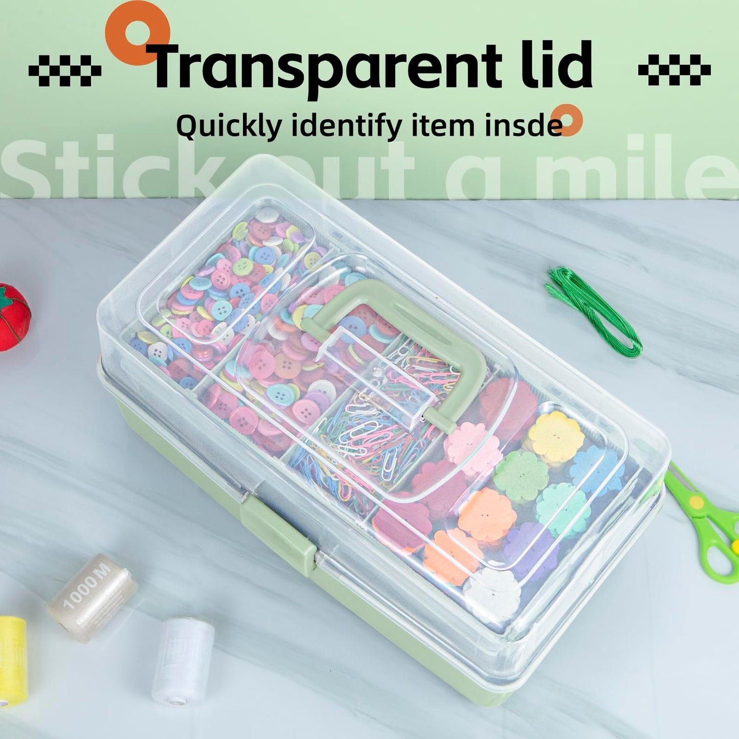 TERGOO 14in 3-Layer Multipurpose Craft Organizers and Storage with Adjustable Dividers, Portable Tackle Box, Folding Art & Craft Case for Medicine, Tool, Sewing Organizer (Haze Green, X-Large)