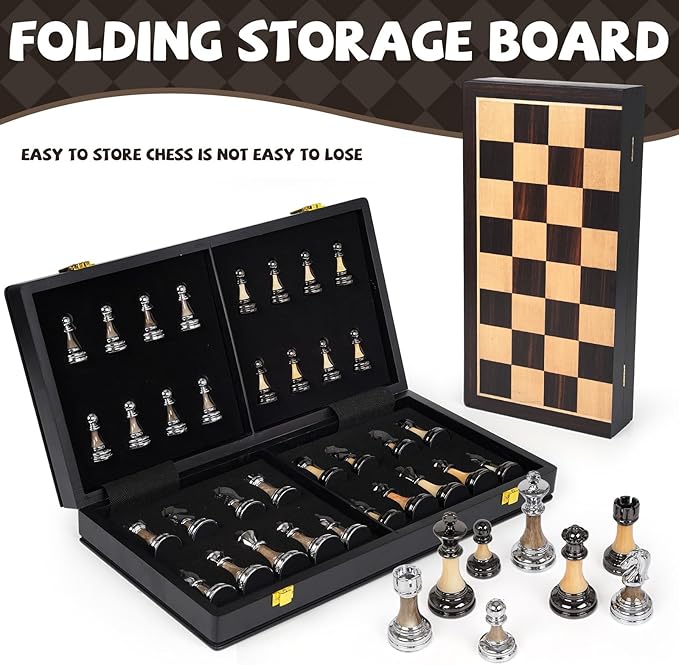 Luxury Large Metal &amp Acrylic Chess Set with Wooden Chess Board (17”) – Weighted Chess Pieces with 3.5” King Foldable Tournament Chess Set for Adults &amp Kids Professional Chess Game Set