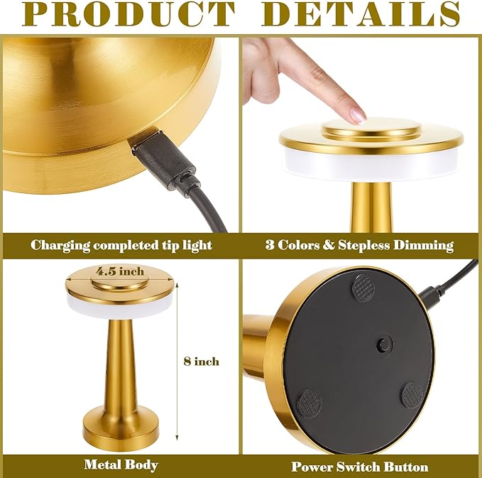 Riakrum Set of 2 LED Portable Cordless Table Lamp with Touch Sensor 3 Color Stepless Dimming Rechargeable Battery up to 15 Hours Cordless Table Light Wireless Lamp for Nursery(Gold,4 Pcs)