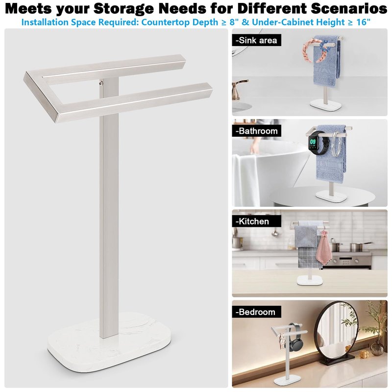 Livabber Standing Hand Towel Holder, 304 Stainless Steel Hand Towel Rack Stand with Heavy Marble Base, Bath Accessories, Towel Ring for Bathroom Kitchen Countertop, 14 Inch (Brushed Nickel)