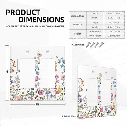 Rustic Wild Floral Vintage Watercolor Flower Double Rocker Light Switch Cover 2 Gang Wall Plate Covers Decorative Electrical GFCI Outlet Plates for Home Bathroom Kitchen Decor