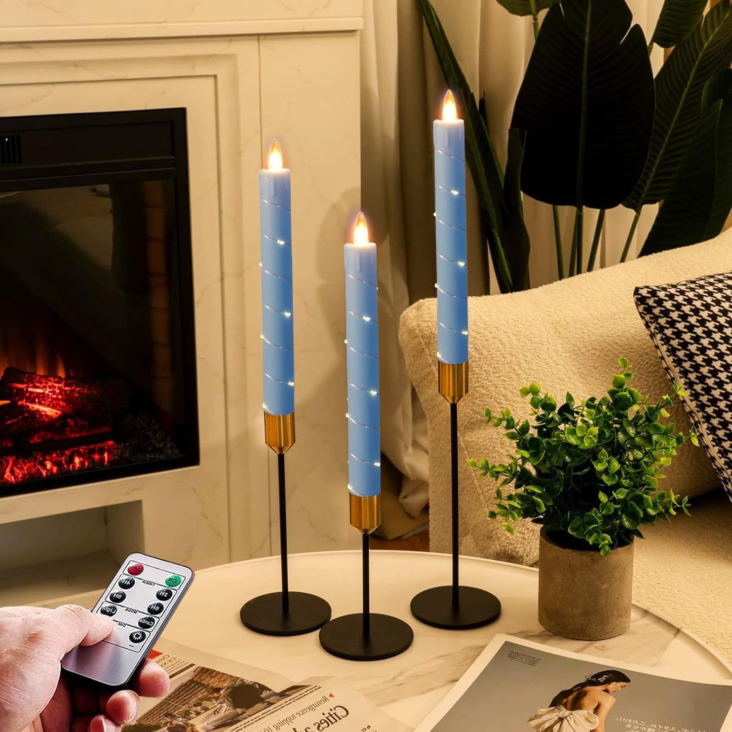 Flameless Cone Candle with Built-in Star String Light, 11 Button Remote Control, Timer, Battery Powered, Analog Flame, 3 Pack of Window Candles, Christmas Home & Wedding Decoration (Sky Blue)