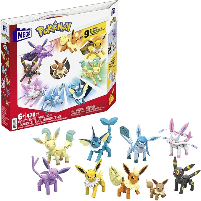 MEGA Pokémon Building Toys Set Every Eevee Evolution with 470 Pieces 9 Poseable Characters for Kids