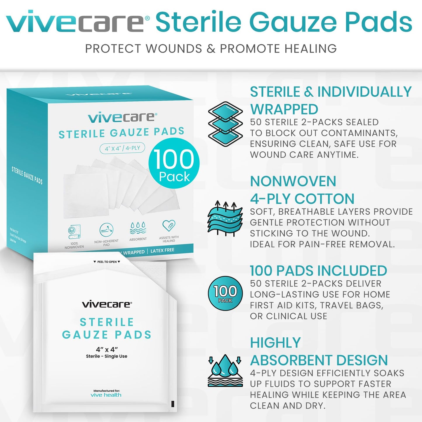 Vive Care 4x4 Sterile Gauze Pads (100pc) - Individually Wrapped 2-Pack Wound Dressing for Cleaning & Cushioning - Non-Adhesive Highly Absorbent Bandages
