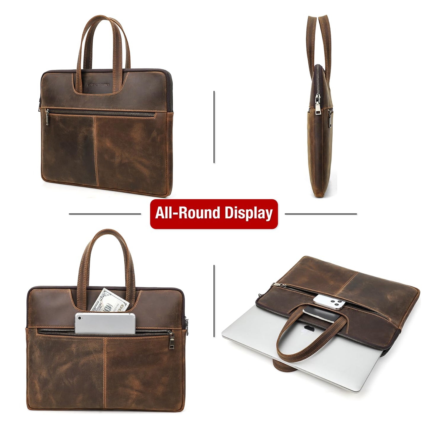CataPurus Top Grain Leather 15.4" Slim Laptop Briefcase Handbag, Vintage Design with 5 Pockets, Handmade, Compatible with MacBook Pro/Air 13.3"/14.2"/15.4"/16" & other Laptop/Tablet, Coffee 15.4 Inch