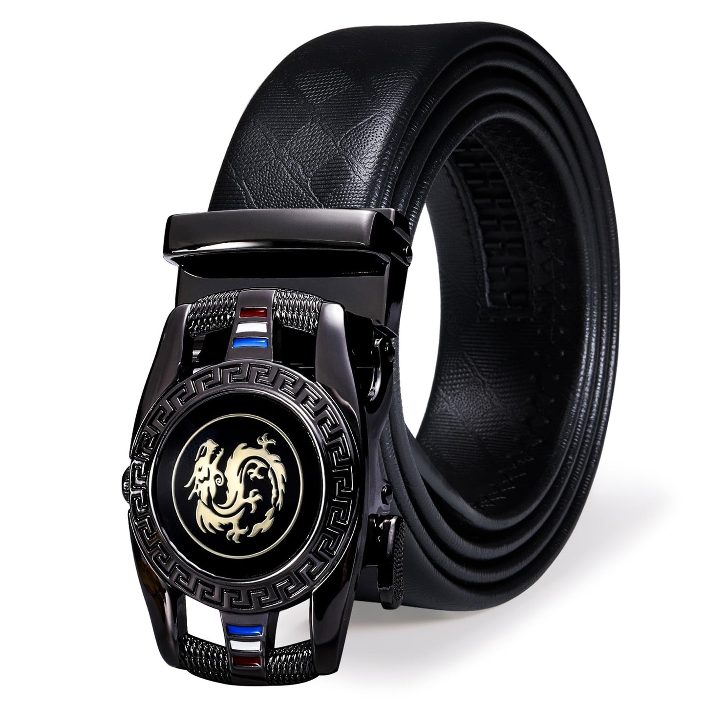 Barry.Wang Mens Belts Leather Ratchet 1 3/8" Dragon Buckle Adjustable Designer Black Belt Click Slide Automatic Strap Christmas Business