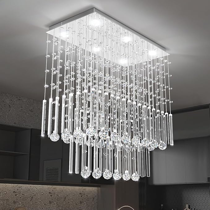 D24''XH28'' Rectangular Crystal Chandelier SilverRectangle Pendant Ceiling Light Fixture Raindrop Chandelier for Dining Room Living Room Kitchen Island Bar