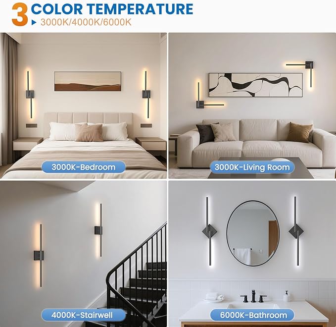 NIORSUN 28 Inch Battery Operated Wall Sconce Set of 2, Black Rechargeable Wall Lights with DIY Independently Rotatable Tube, 3CCT Dimmable Wireless Wall Sconces for Living Room Bedroom Hallway