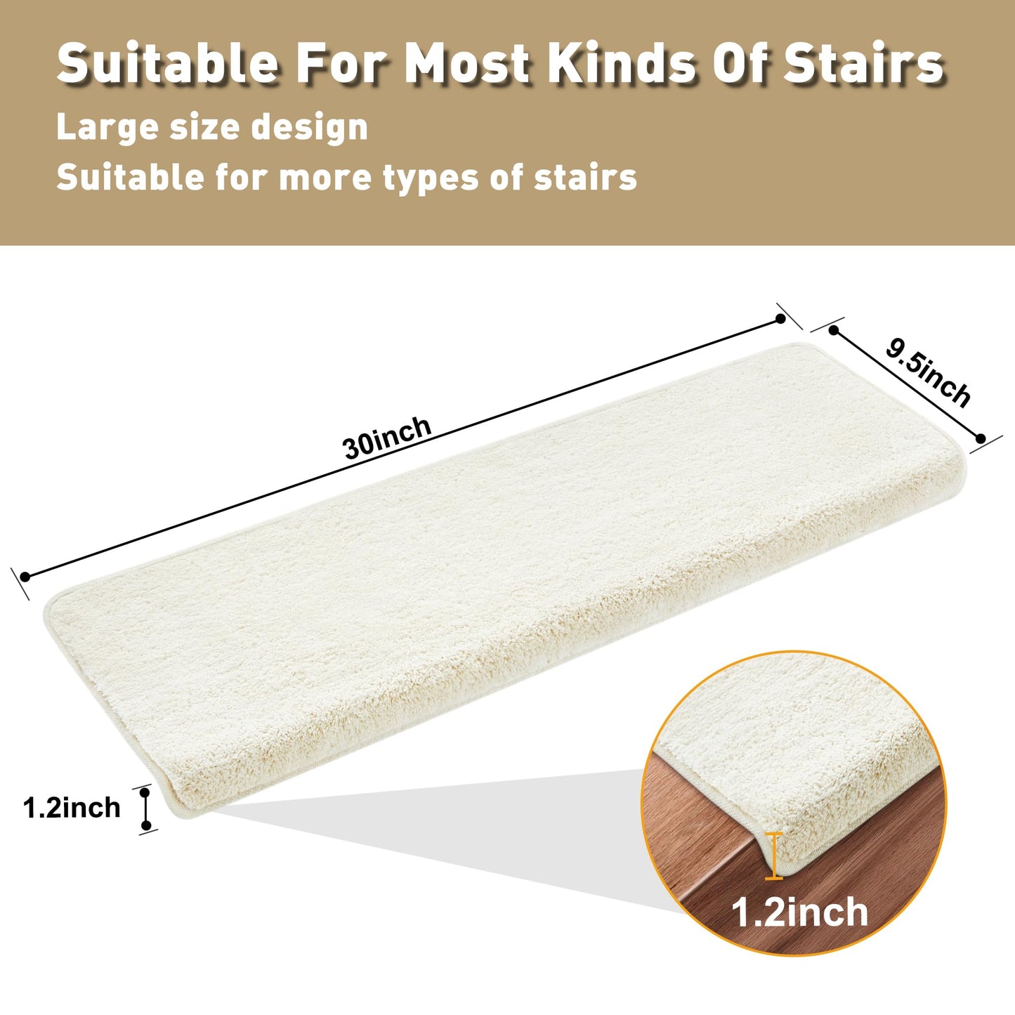 PURE ERA Carpet Stair Treads Ultra Plush 9.5" X 30"Soft Bullnose Indoor Stair Protectors Pet-Friendly Non-Slip Skid Resistant Tape Free Washable Reusable(2 Pieces,White)