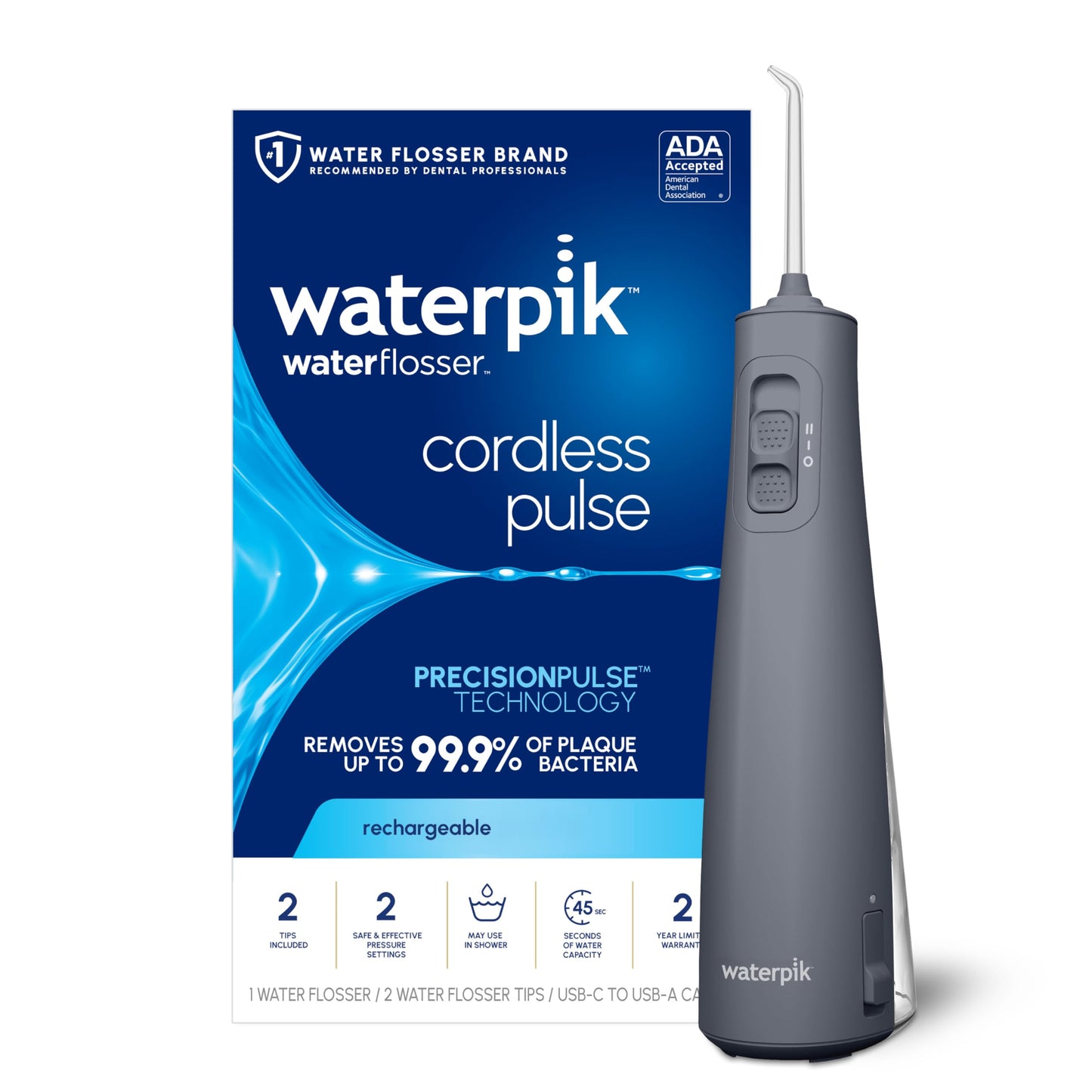Waterpik Cordless Pulse Rechargeable Portable Water Flosser for Teeth, Gums, Braces Care and Travel with 2 Flossing Tips, Waterproof, ADA Accepted, WF-20 Blue, Packaging May Vary