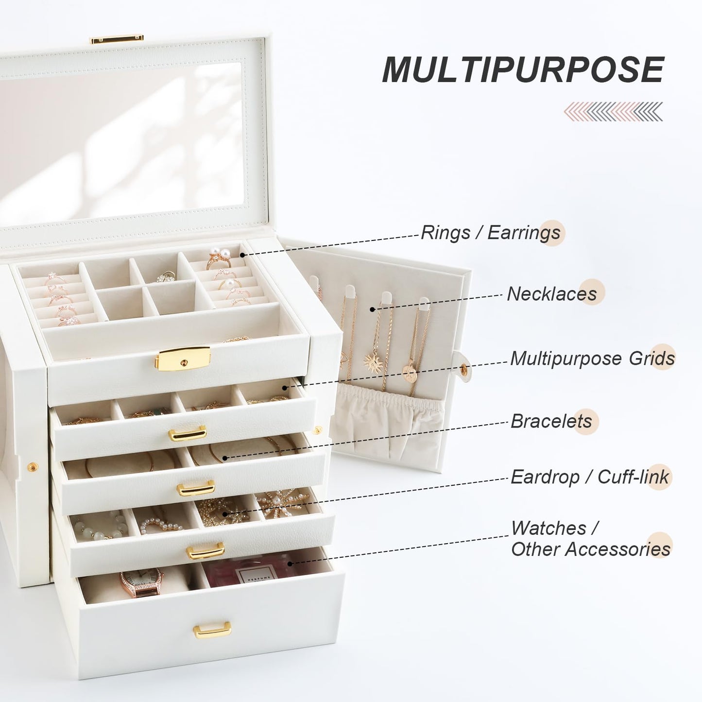V-LAFUY Jewelry Holder Organizer, Large Jewelry Boxes for Women, 5 Layers 4 Drawers Jewelry Box with Handle Jewelry Organizer for Earrings Rings Necklaces Bracelets, White