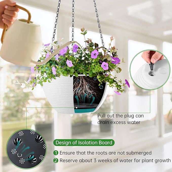 Set of 2 8 Inch Self Watering Hanging Planters for Indoor Outdoor Plants, Light Textured Hanging Baskets Flower Pots with Drainage Hole & Plug and 20" Chain Hanger