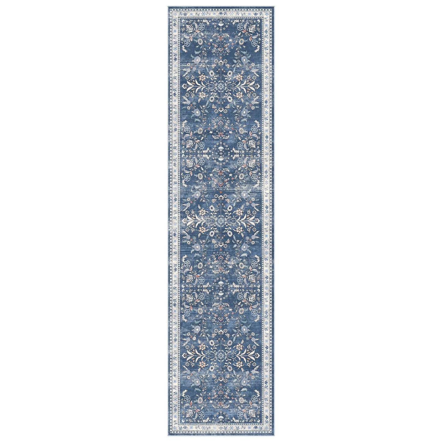 Yamaziot Washable Runner Rug 2x8 – Non Slip Boho Floral Hallway Runner Rug with Rubber Backing, Low Pile Wool Distressed Carpet for Kitchen, Laundry, Bedroom, Entrance, Blue