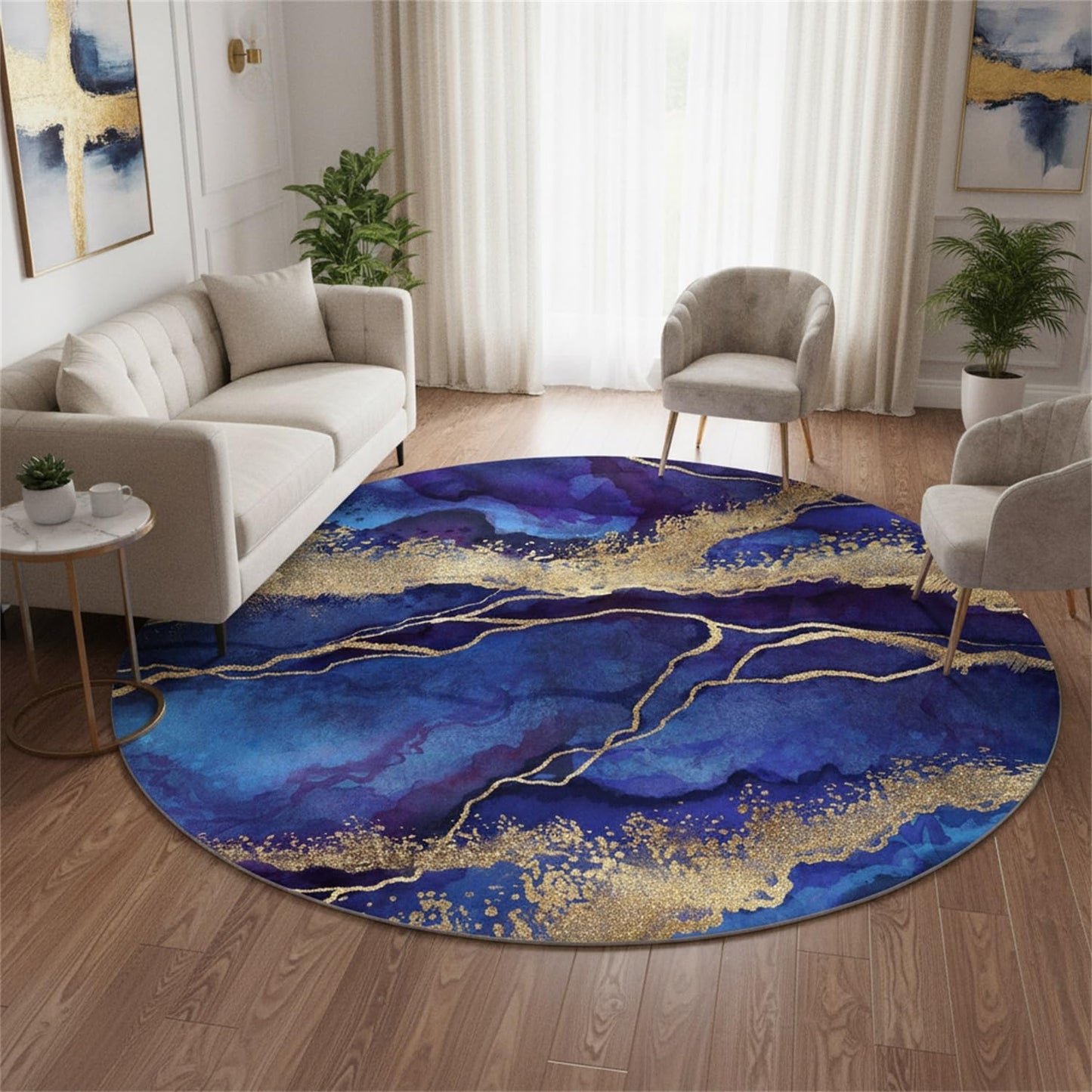 Royal Blue Gold Modern Abstract Marble Pattern Round Area Rugs for Living Room Bedroom Art Deco Circular Rug Soft Wool Washable Non Shedding Home Office Conference Room Large Floor Carpet 6ft