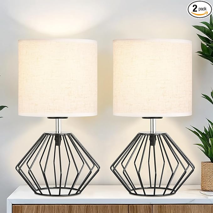 Hamilyeah Bedside Lamps Set of 2 with On/Off Switch, Black Industrial Table Lamps for Night Stands with Beige Linen Fabric Shade