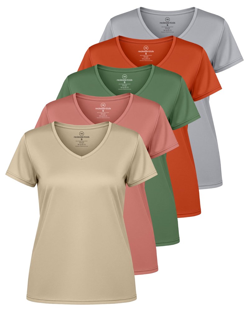 Real Essentials 5 Pack: Women's Dry-Fit Short Sleeve V Neck T Shirt Workout Fitness Yoga Top Tee, Set 12, L