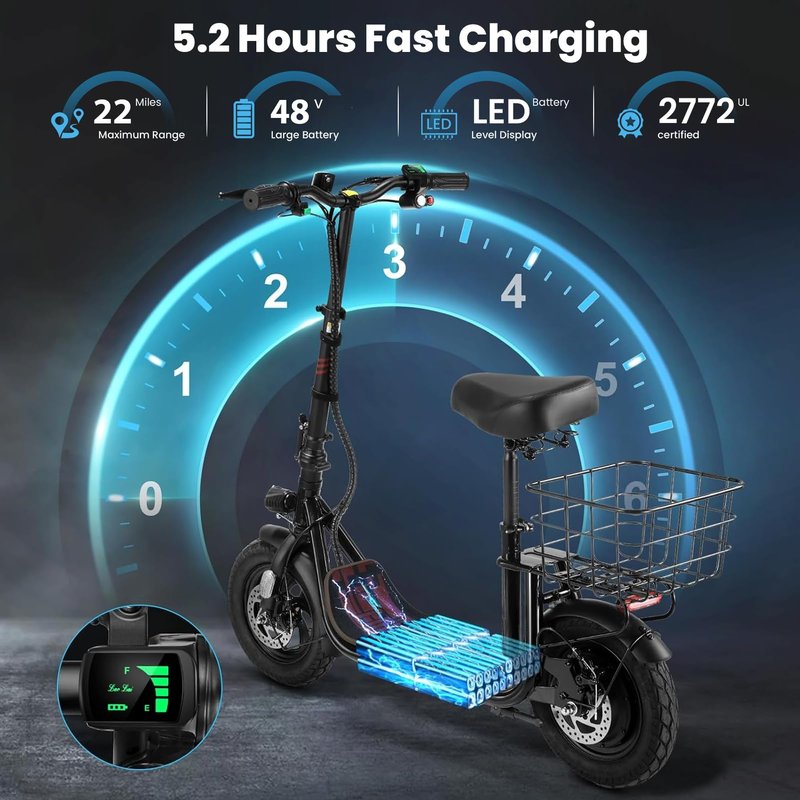 Caroma Peak 1200W Electric Scooter with Seat, 30 Miles Max Range, Electric Scooter Adults, Up to 20MPH Foldable Escooter with Basket,Key Start Adjustable E-Scooter,Classic White