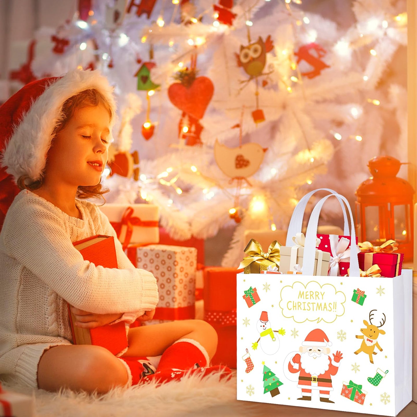 IPQXE 22 Pack Christmas Gift Bags Assorted Sizes- Reusable Tote Bags Non-Woven, Xmas Shopping Bags with Handles, for Christmas Treat Bags, Gifts Wrapping, Xmas Party Supplies 2 Large 8 Medium 12 Small