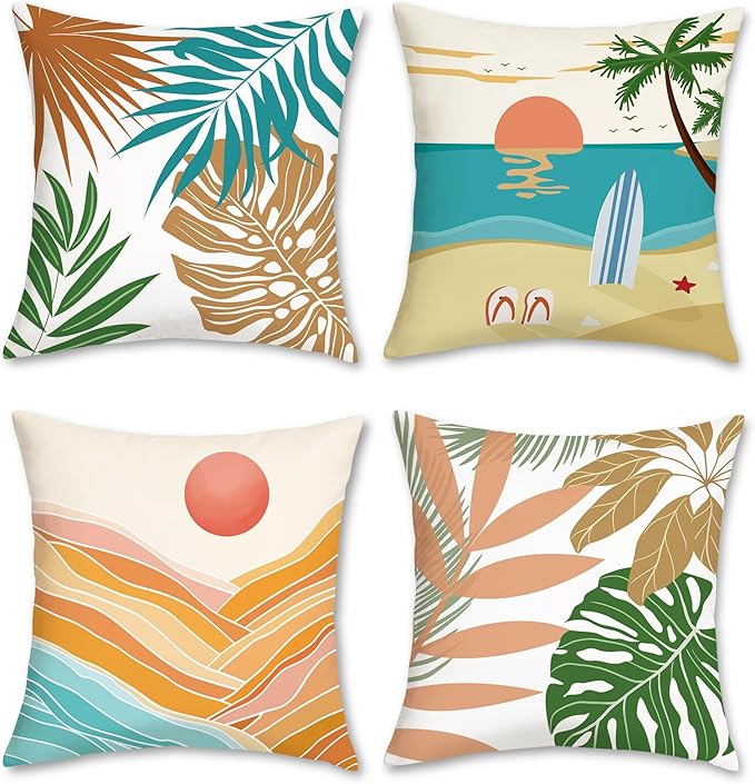 Bonhause Tropical Beach Outdoor Pillow Covers 18x18 Inch Set of 4 Summer Palm Hawaii Decorative Pillowcase Soft Velvet Cushion Covers for Couch Sofa Garden Yard Home Decor