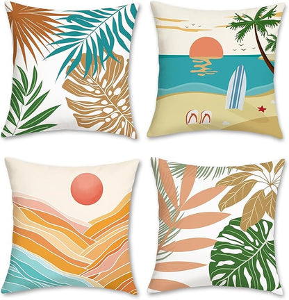 Bonhause Tropical Beach Outdoor Pillow Covers 18x18 Inch Set of 4 Summer Palm Hawaii Decorative Pillowcase Soft Velvet Cushion Covers for Couch Sofa Garden Yard Home Decor