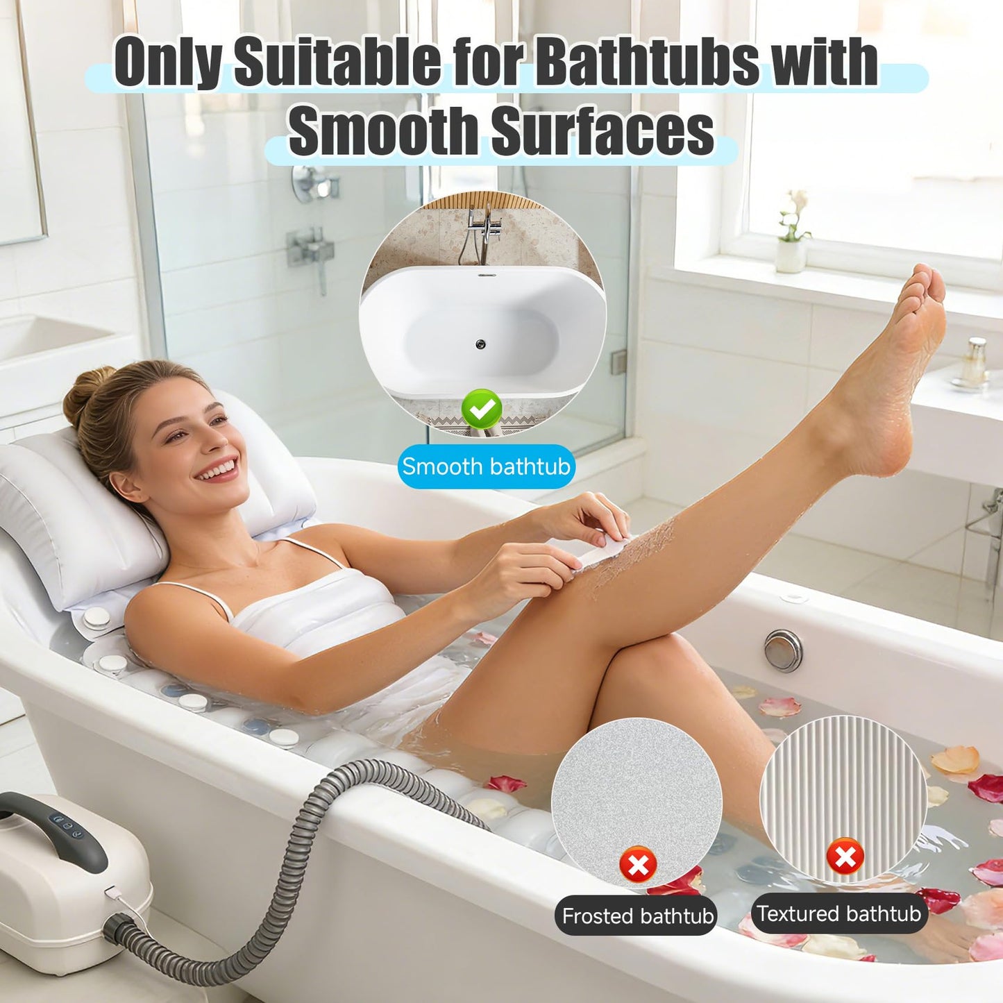 Bubble Bath Mat for Bathtub Spa, Full Body Hydrotherapy Massager with 6 Bubble Speeds & 6-Color LED Lights, Non-Slip Suction Cups, Remote Control & Inflatable Bath Pillow for Stress Relief