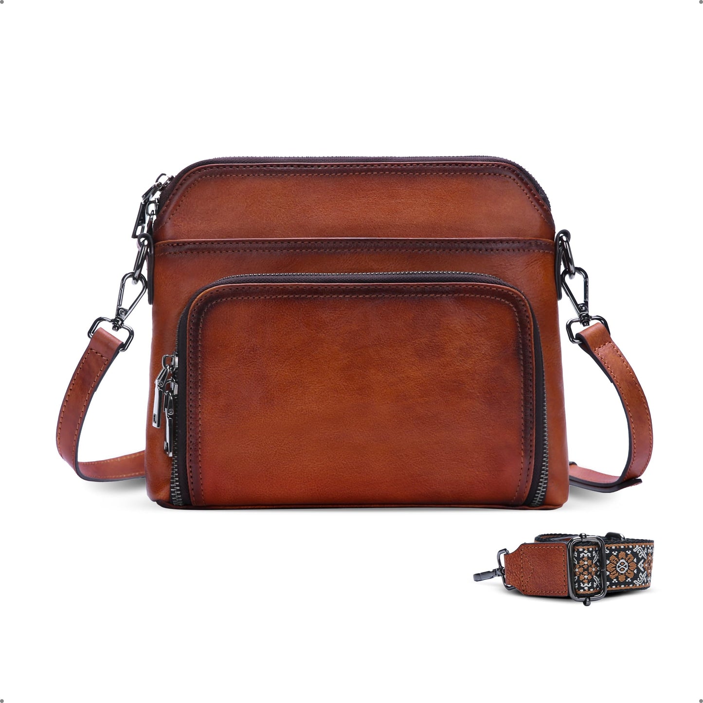 HESHE Genuine Leather Crossbody Bags for Women Satchel Purses Shoulder Handbags with 2 Adjustable Strap Hobo Purse (Brown)