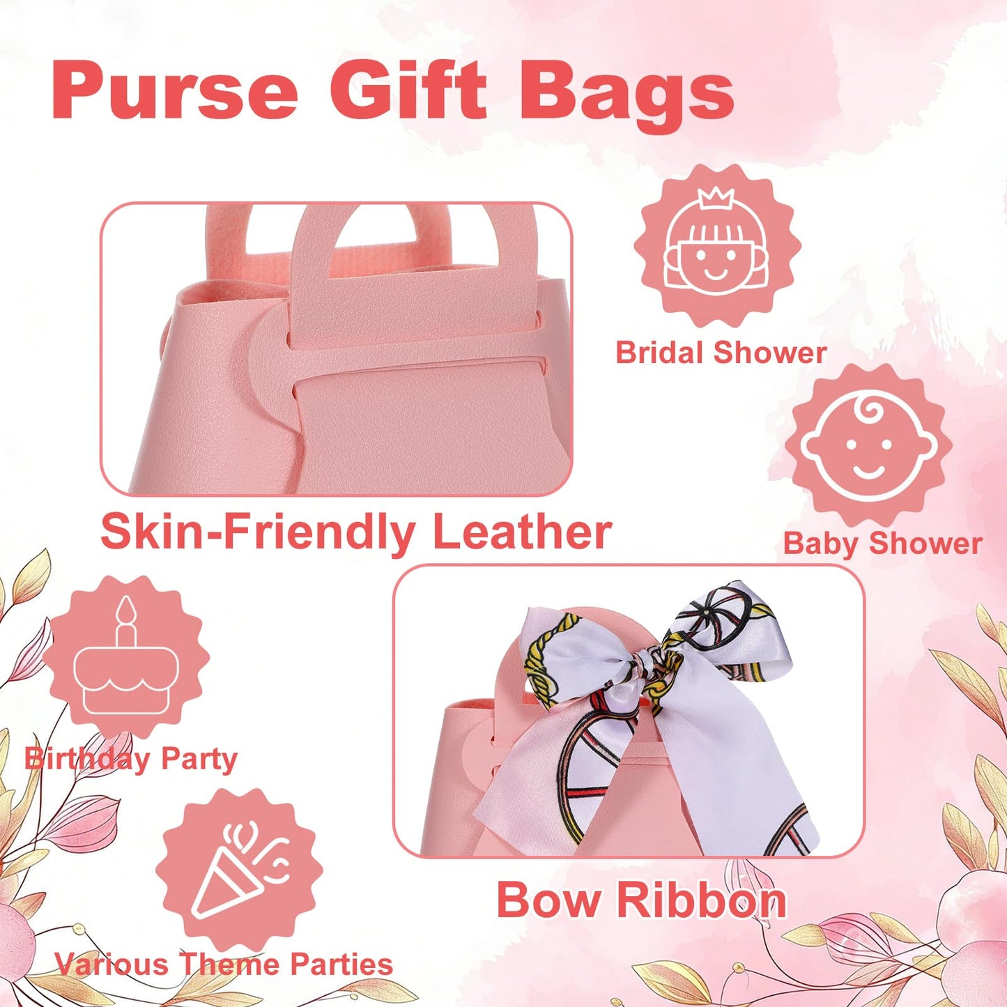 Douaowoc 36 Pcs PU Leather Purse Gift Bags with Handles Ribbon Purse Party Favor Bags for Baby Showers Birthday Wedding Candy (Pink)
