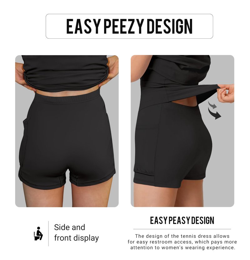 MIRITY Womens Activewear Tennis Dress - Built in Shorts with Pockets and Bra Golf Athletic Workout Dresses Black Medium