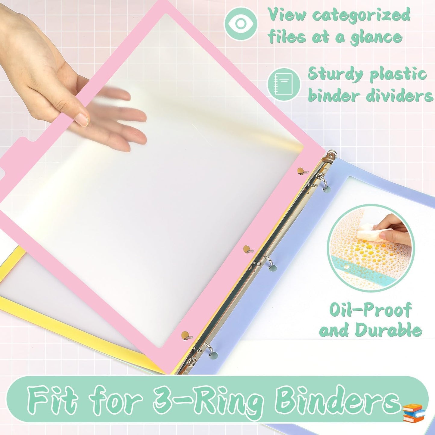 gisgfim 48Pcs/6 Set 8 Tab Dividers for 3 Ring Binder 8 Color Clear Plastic Binder Divider with Tabs 3 Hole Punched Folder Dividers Sheet Protector Binder Index Divider for School Office