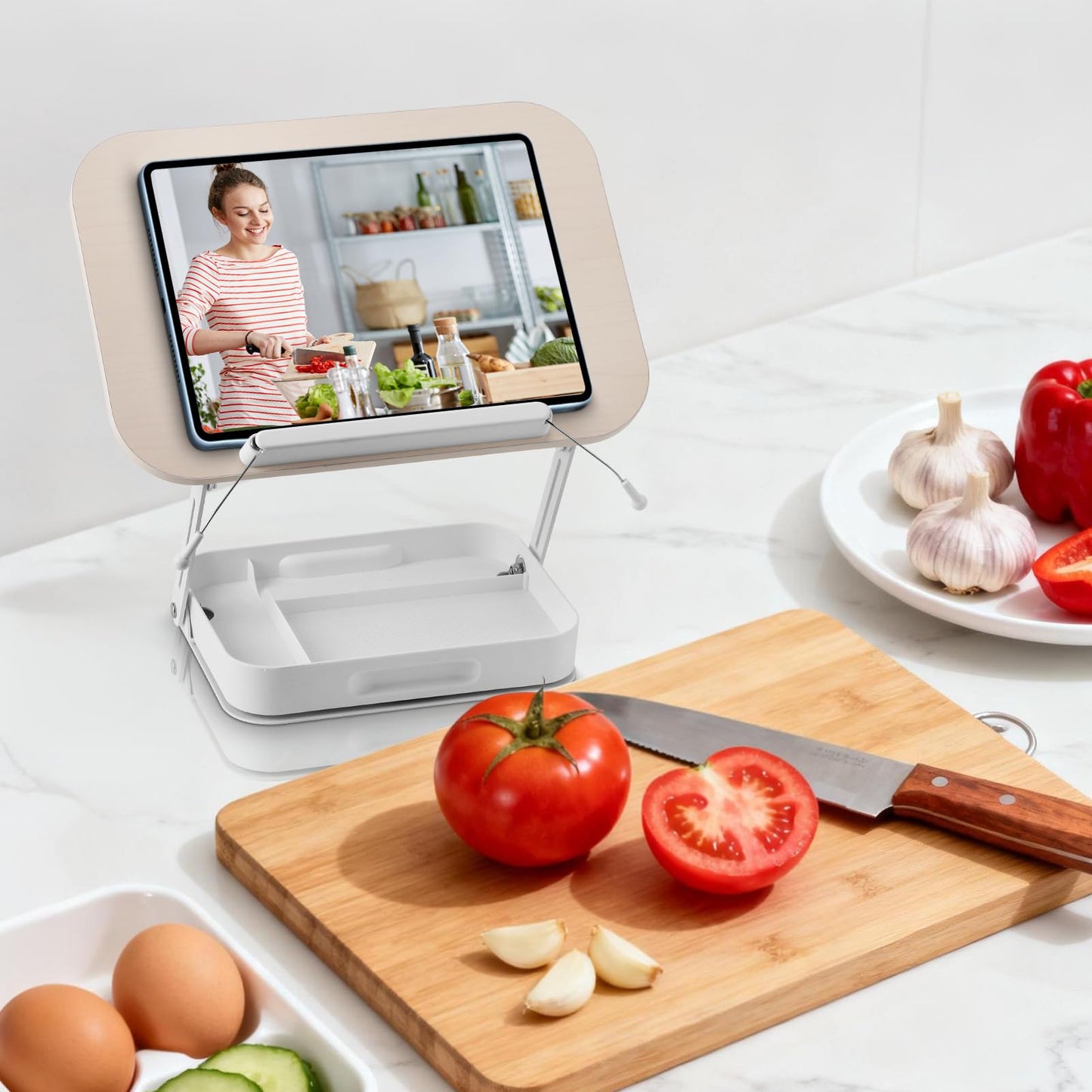 Book Stand for Reading Hands Free, 360° Rotating & Foldable Book Holder Stand for Desk with Storage Box, Carbon Steel Cookbook Recipe Book Holder for Kitchen, Office, Bible Study (White)