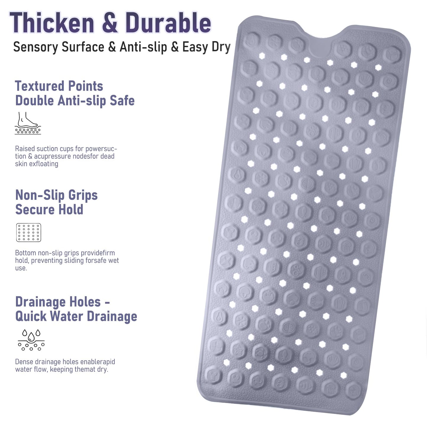 EaTubano Silicone Non-Slip Bath Mat for Tub & Shower, 35x16 Inch - Acupressure Grip, Quick-Dry with Suction Cups & Drain Holes, Safe for Kids & Elderly, Machine Washable (Purple)