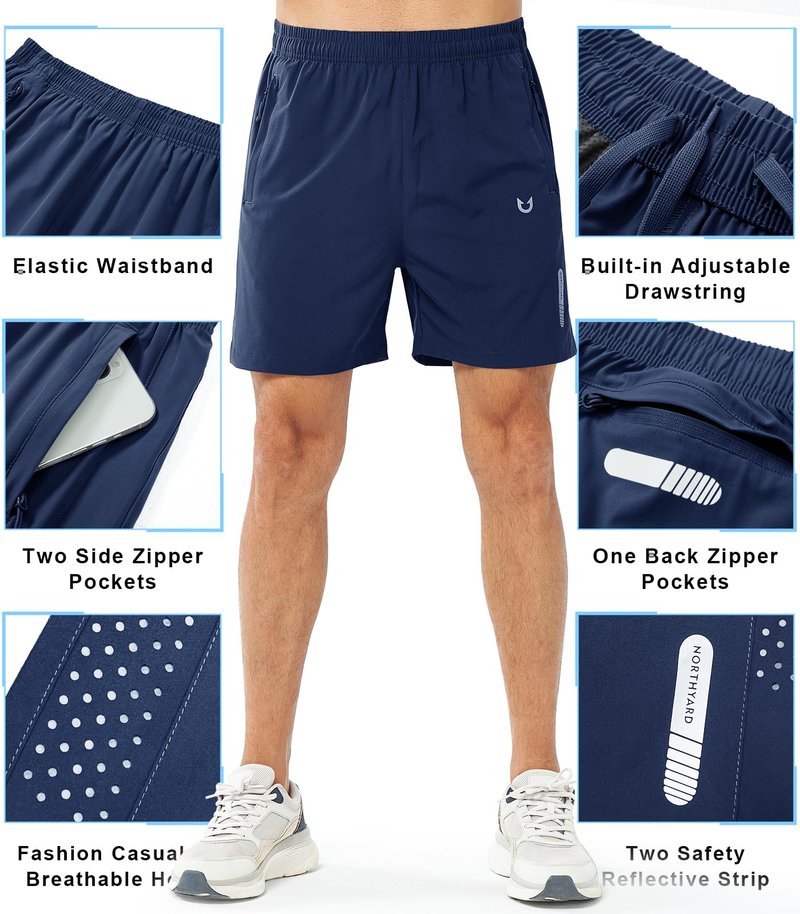 NORTHYARD Men's Athletic Running Shorts Gym Workout 7"/9"/5" Quick Dry Lightweight Sports Basketball Tennis 3 Zipper Pockets DARKBLUE-5inch 2XL