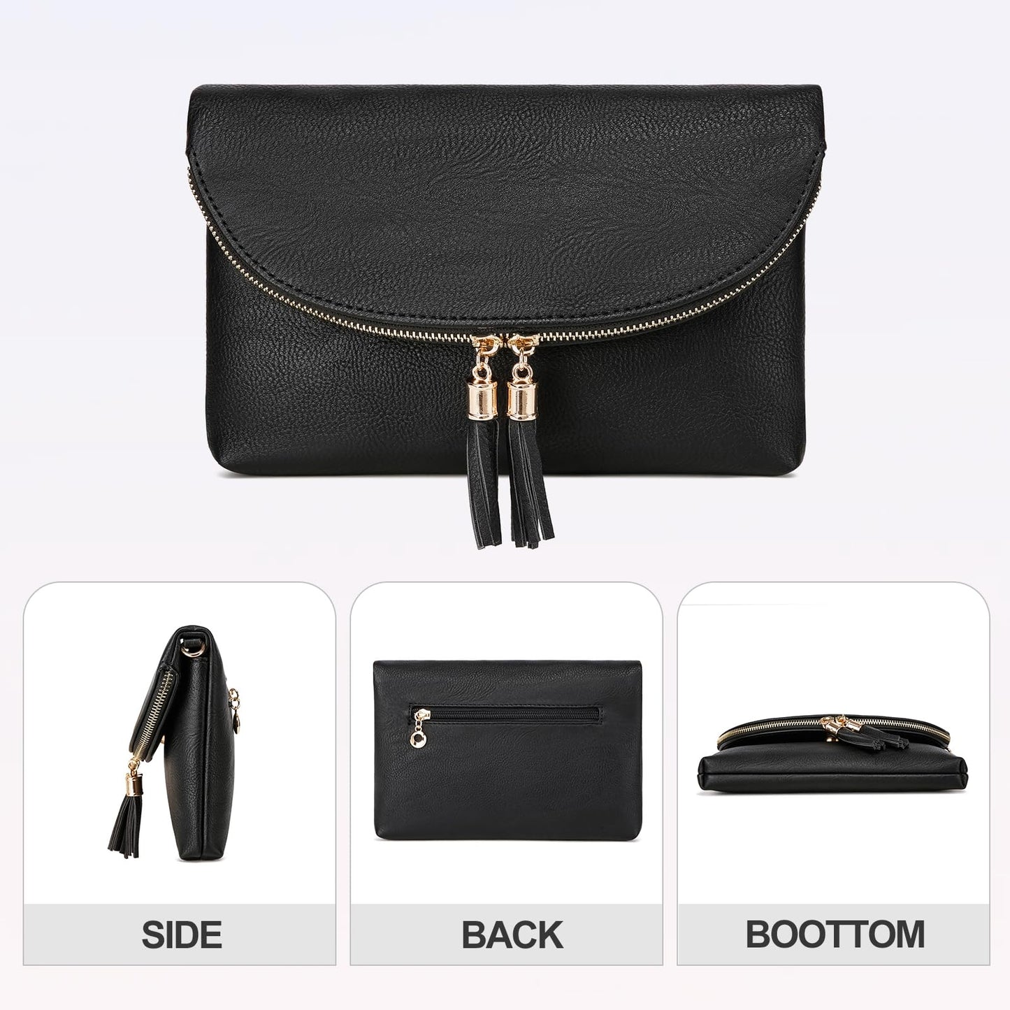 Solene Women's Envelop Clutch Crossbody Bag With Tassels Accent (WU075-Black)
