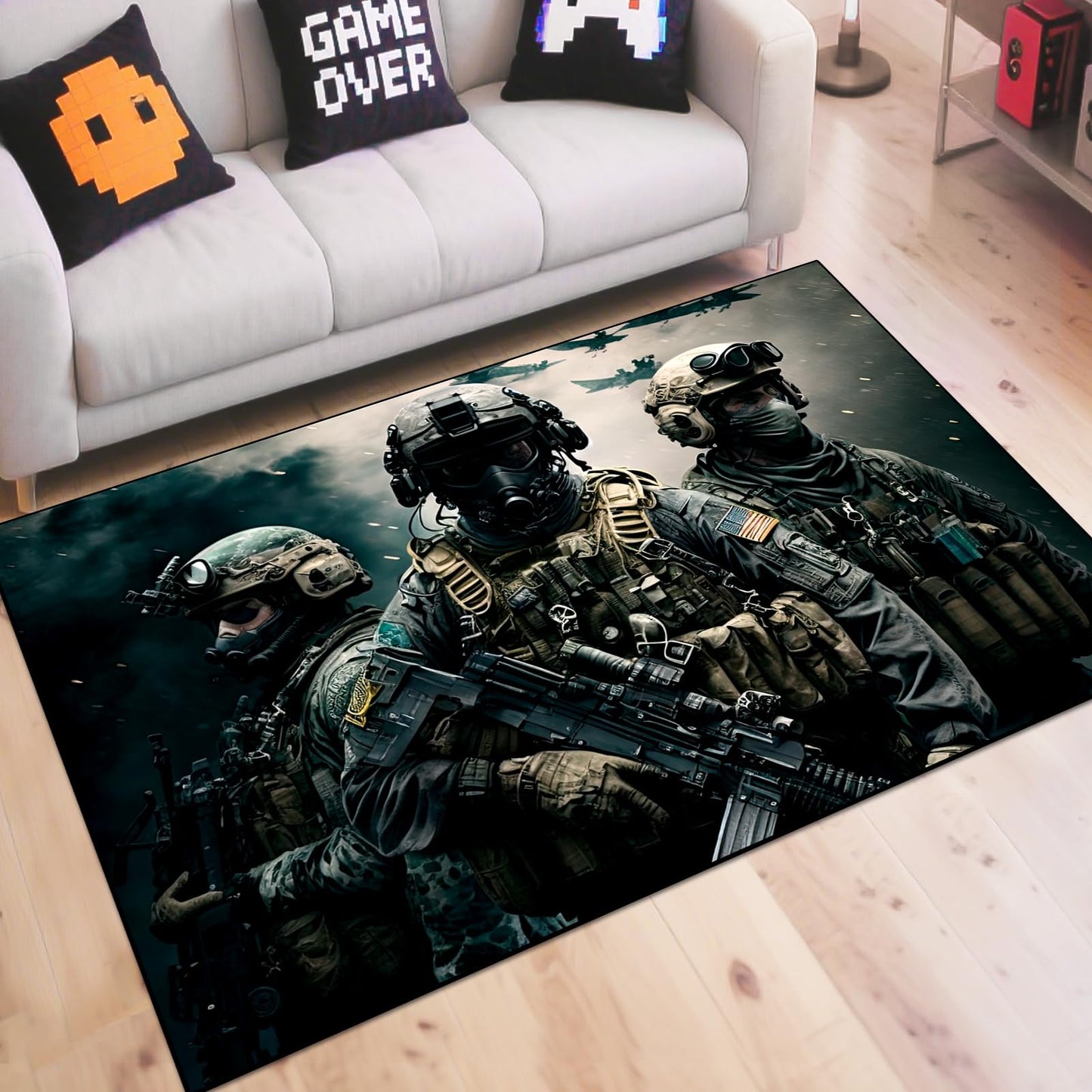 Shooting Game Rug Teen Boys Carpet with Battle Games Element Decoration Mat, War Game Rugs for Boy’s Bedroom Living Room Playroom, Non-Slip Children Gaming Area Rugs (Threesome, 79" x 59")