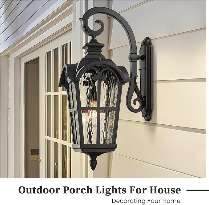 Outdoor Wall Sconce Lights Black Anti-Rust Wall Mount Light with Water Ripple Glass Aluminum Exterior Lights for Garager Doorway and Patio E26 Socket and Waterproof