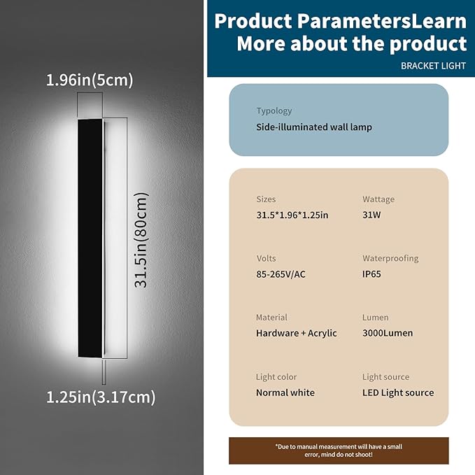 31.4inch Modern Outdoor Wall Sconce, 6000K Cold White LED Outside Wall Light Fixture, IP65 Waterproof, 31W, Black Minimalist Exterior Lighting Patio Lamp for House, Porch, Garage, Garden