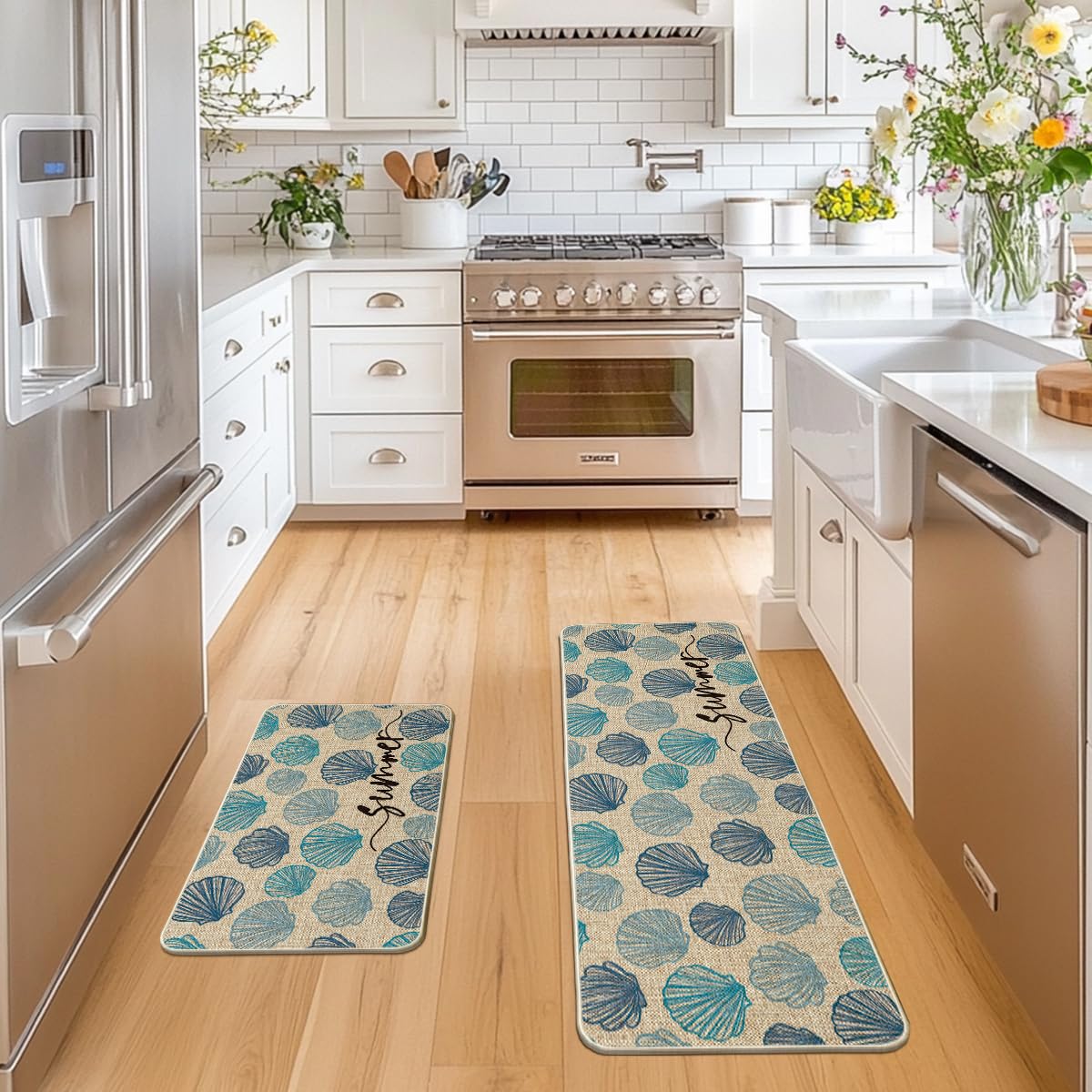 Artoid Mode Blue Shell Conch Summer Kitchen Mats Set of 2, Seasonal Sweet Home Decor Low-Profile Kitchen Rugs for Floor - 17x29 and 17x47 Inch