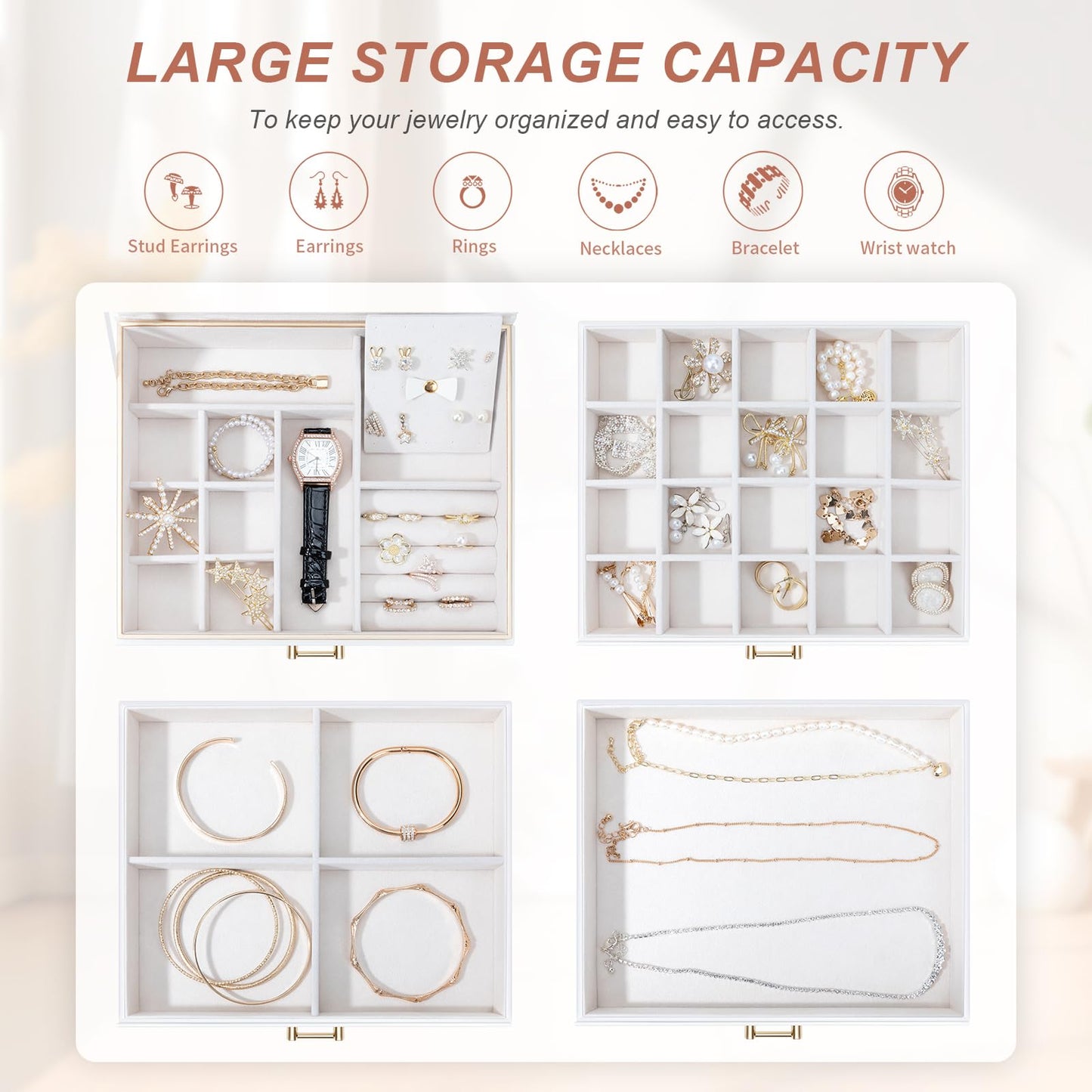 V-LAFUYLIFE Jewelry Box for Women,4-Layer Leather Jewelry Holder Organizer with 3 Drawers Large Jewelry Storage Boxes, Lots of Storage Space For Ring,Necklace,Bracelets,Earring（White）