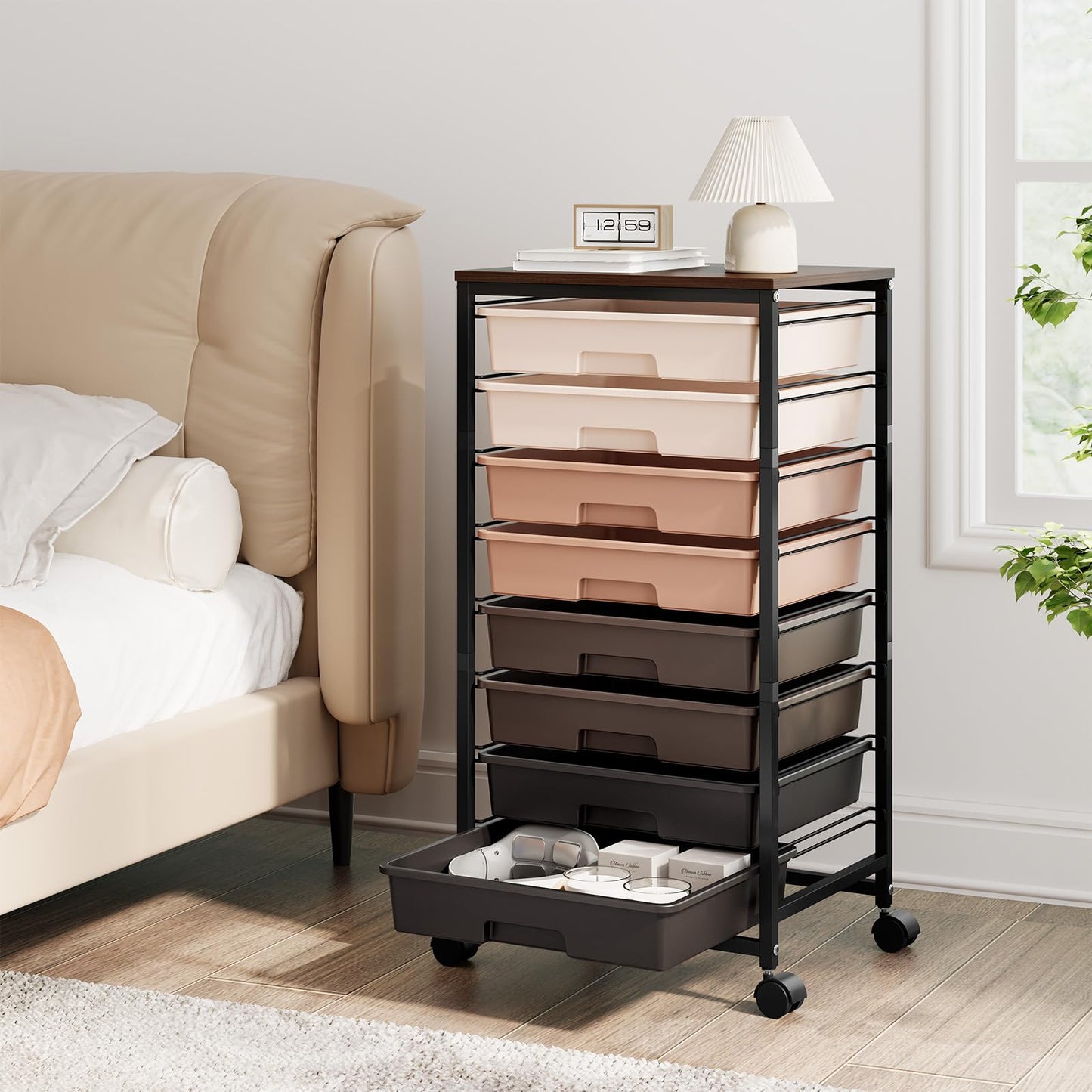 TOOLF Rolling Carts with Wheels, 8-Drawer Utility Cart, Wooden Tabletop Storage Cart for Office, Arts & Crafts, Classroom, Bedroom, Brown