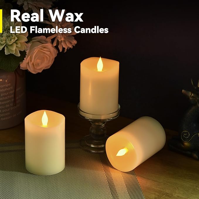 3x4 inch Flameless Candles: Realistic Flameless LED, Battery-Powered Pillar Candles with Remote & Timer, Fake Candles for Fall Decor, (Ivory, 3"*4"-3pcs)