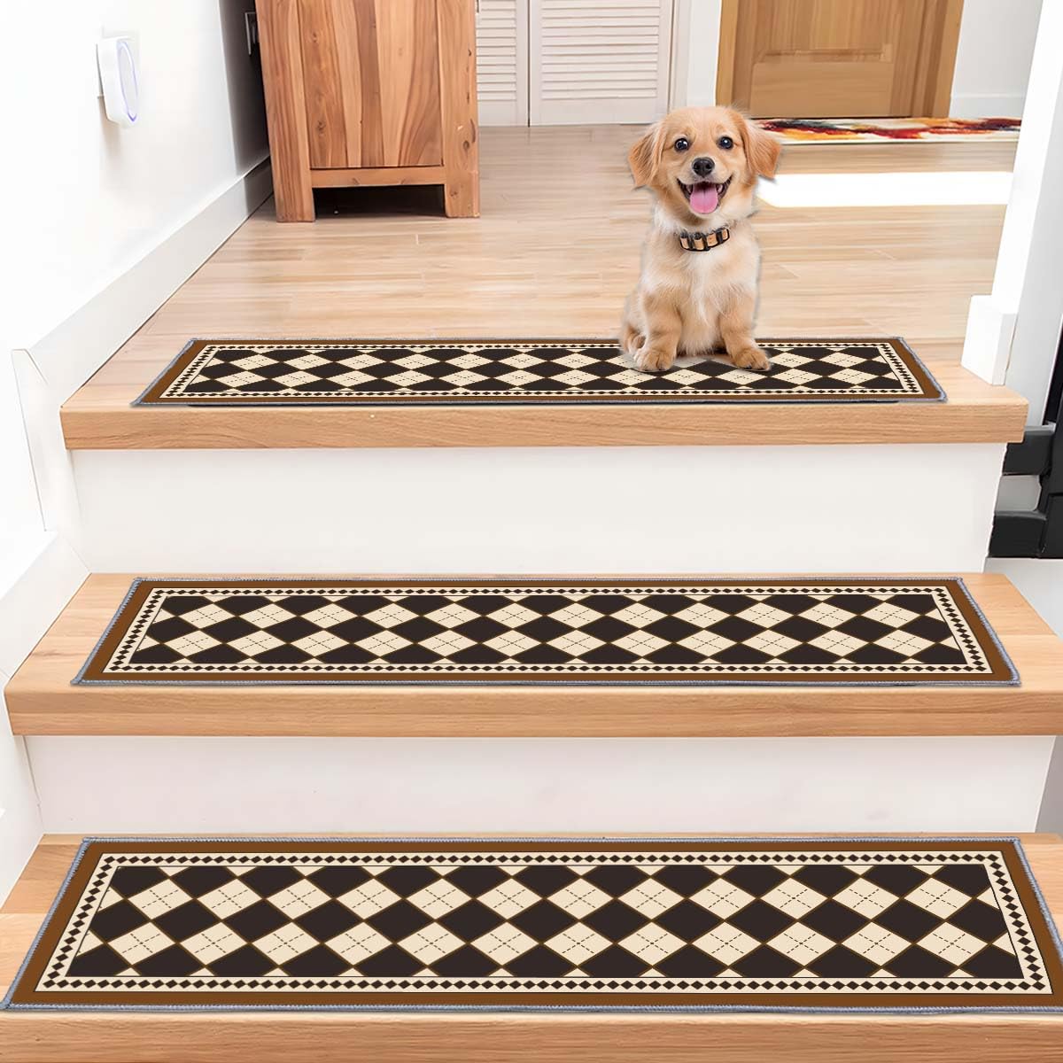 Stair Treads for Wooden Steps, 15 PCS 30"X8" Edging Non-Slip Stair Runner, Indoor Washable and Reusable Stair Treads for Kids Elderly and Pets, Brown