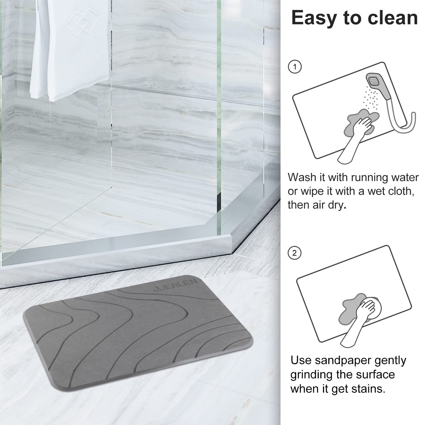 JUERLEN 2 Pack Diatomaceous Earth Shower Mat, Stone Bath Mat, Nonslip Super Absorbent Fast-Drying Hard Bath Mat for Bathroom Shower Floor, 24 x 16 inch, Grey Wave Design