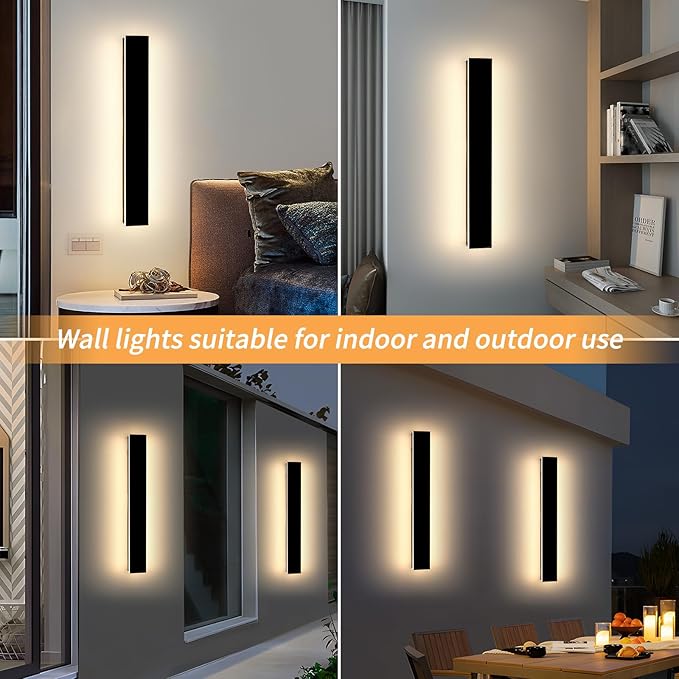 Mikeru 3CCT Dimmable Outdoor Wall Sconce 23.6" IP65 Waterproof - 2Pack Modern Black Exterior Light with Remote Control, Adjustable 3000K/4500K/6000K for Porch, Patio & Commercial Spaces | Hardwired