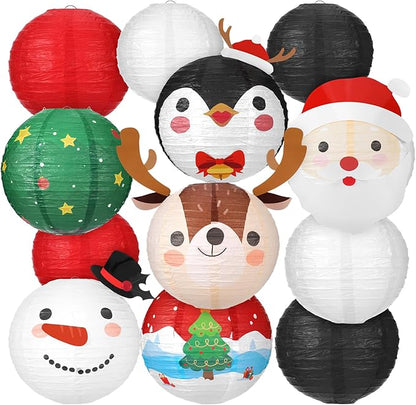 Bencailor 12 Pcs Christmas Hanging Paper Lanterns Set Decorative Christmas Party Lanterns Round Hanging Lamps for Xmas Home Decoration Supplies Props Holiday Decor (Elk,12 Inch, 10 Inch, 6 Inch)