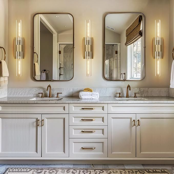 Wall Sconces Set of Two, Gold Bathroom Sconces Wall Lighting with Clear Glass, Modern Sconces Wall Decor Light Fixtures for Bathroom Mirror Living Room Hallway Bedroom