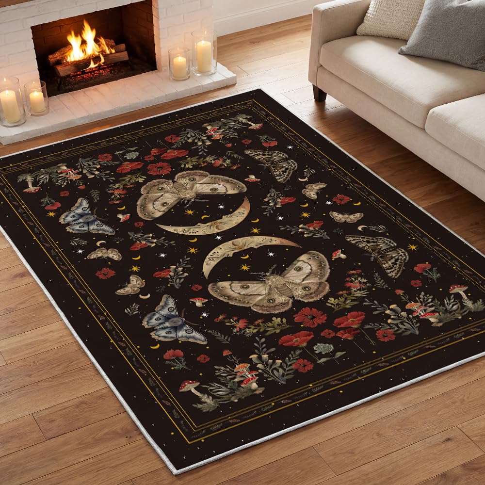 Artoid Mode Black Poppy Moth Mushroom Moon Area Rug, Fall Home Decor Low-Profile Washable Large Rug for Living Room Bedroom Farmhouse Dining Room Kids Playroom 5x7 Feet