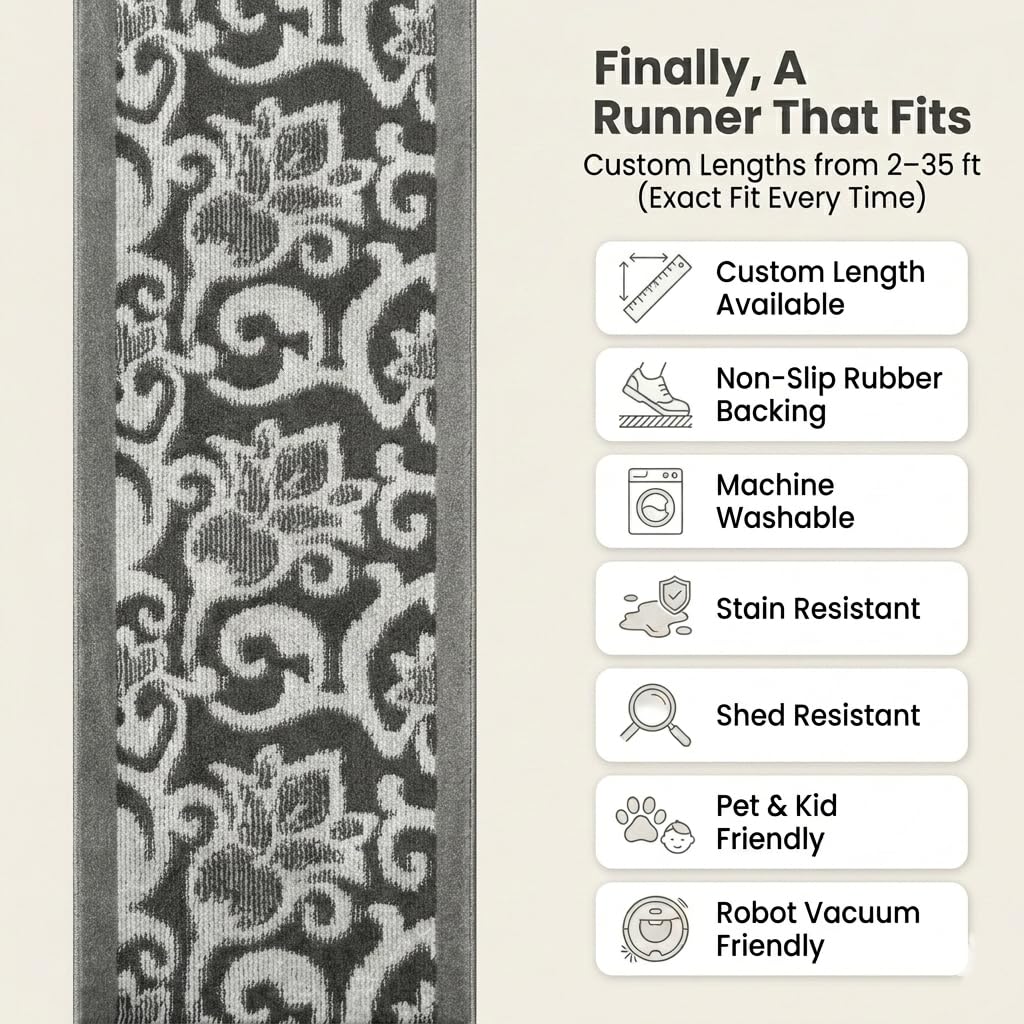 7 Ft Long Non-Slip Washable Carpet Runner Rug with Rubber Backing, Custom Floor Mat for Kitchen Hallway Stairs Bedroom Bathroom Entryway, Your Choice of Length, Lily Anthracite (26" X 7')